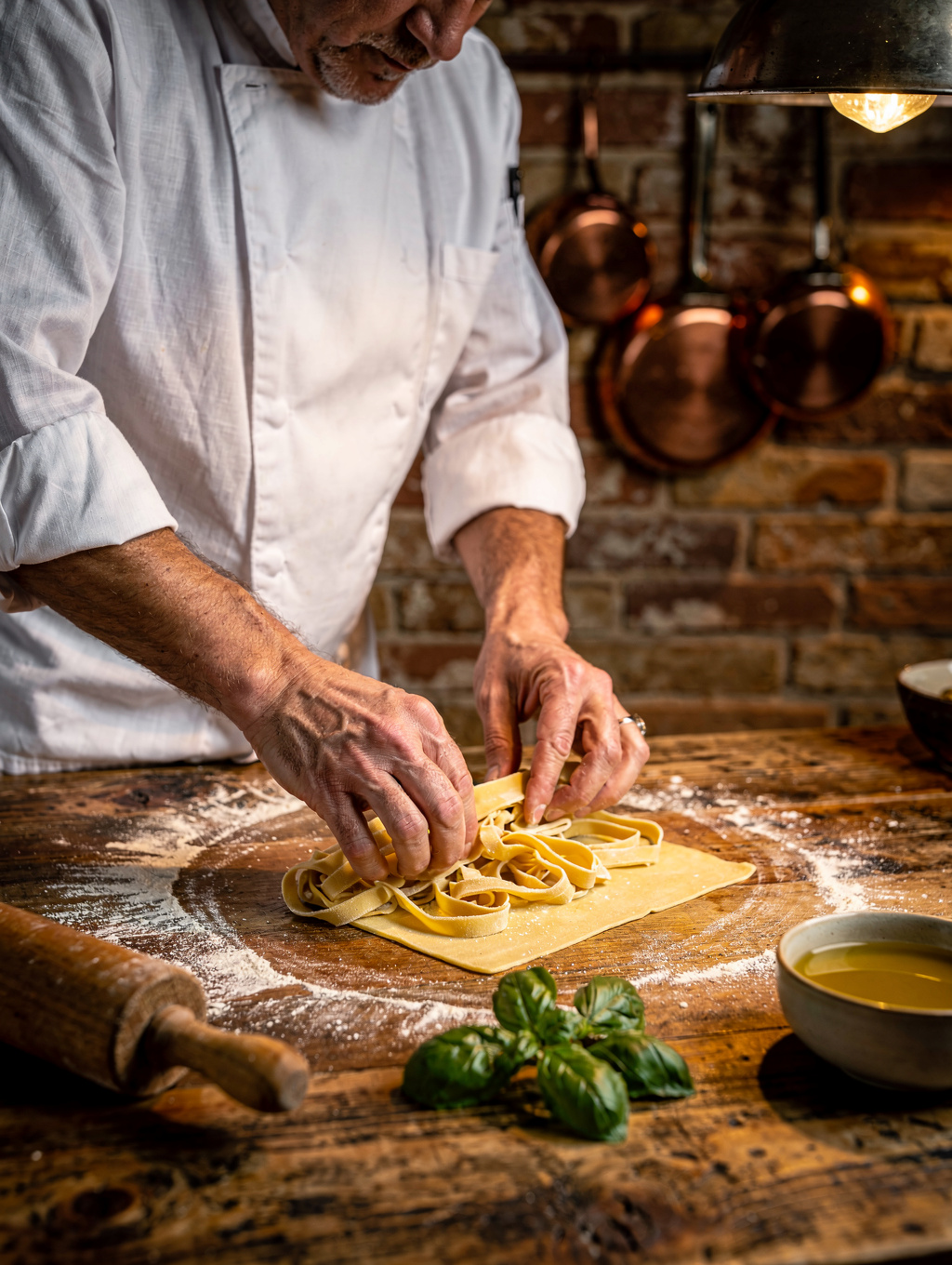 Marble chef counter overlooking fresh hand-shaped pasta making and warm kitchen flames