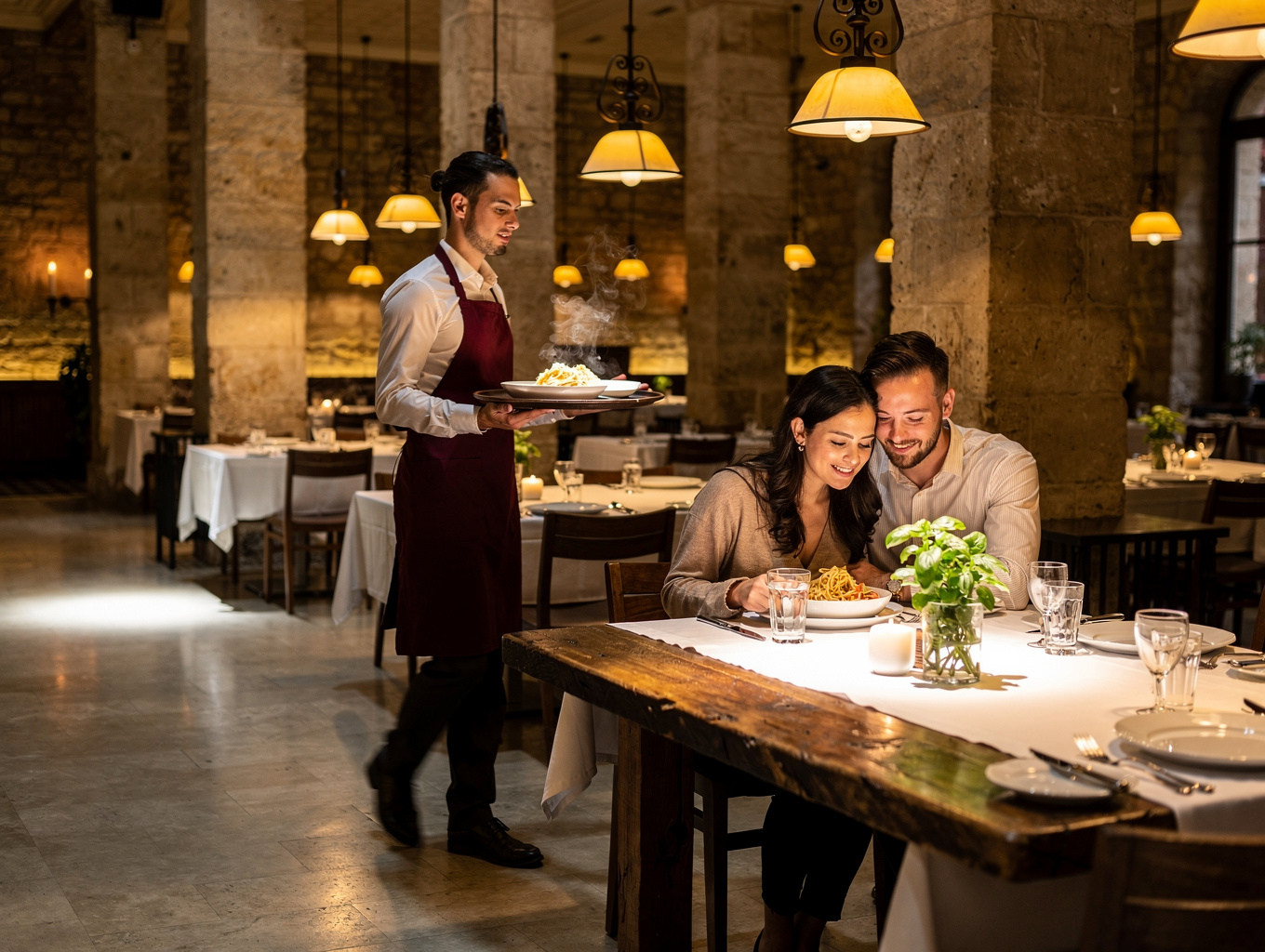 Spacious main dining hall with rustic wooden tables and warm chandelier lighting