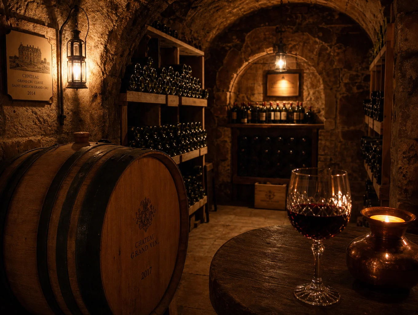 Underground brick vaulted wine cellar illuminated by soft recessed golden spotlights