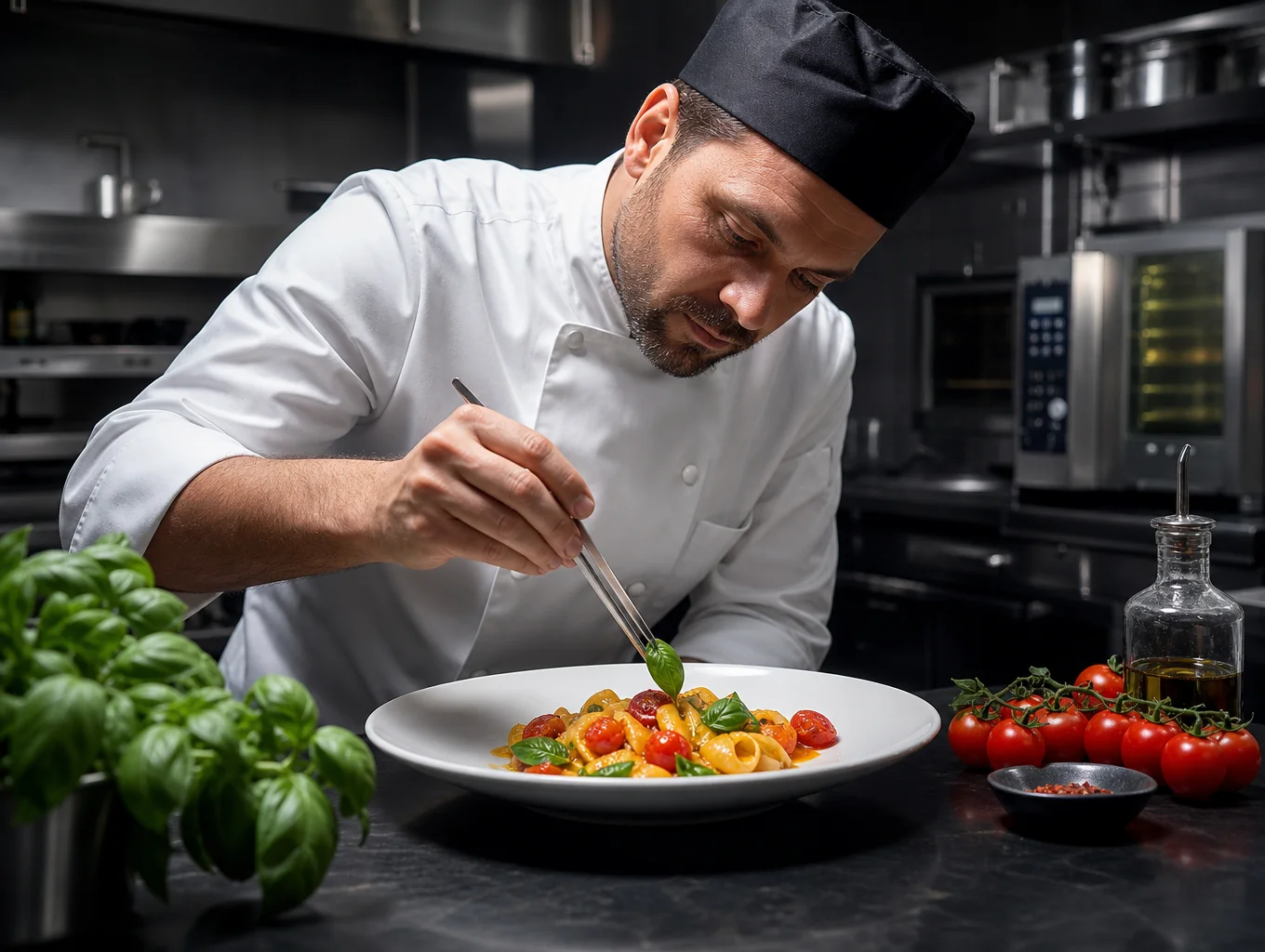 Executive chef garnishing a modern plated Italian dish with delicate fresh herbs
