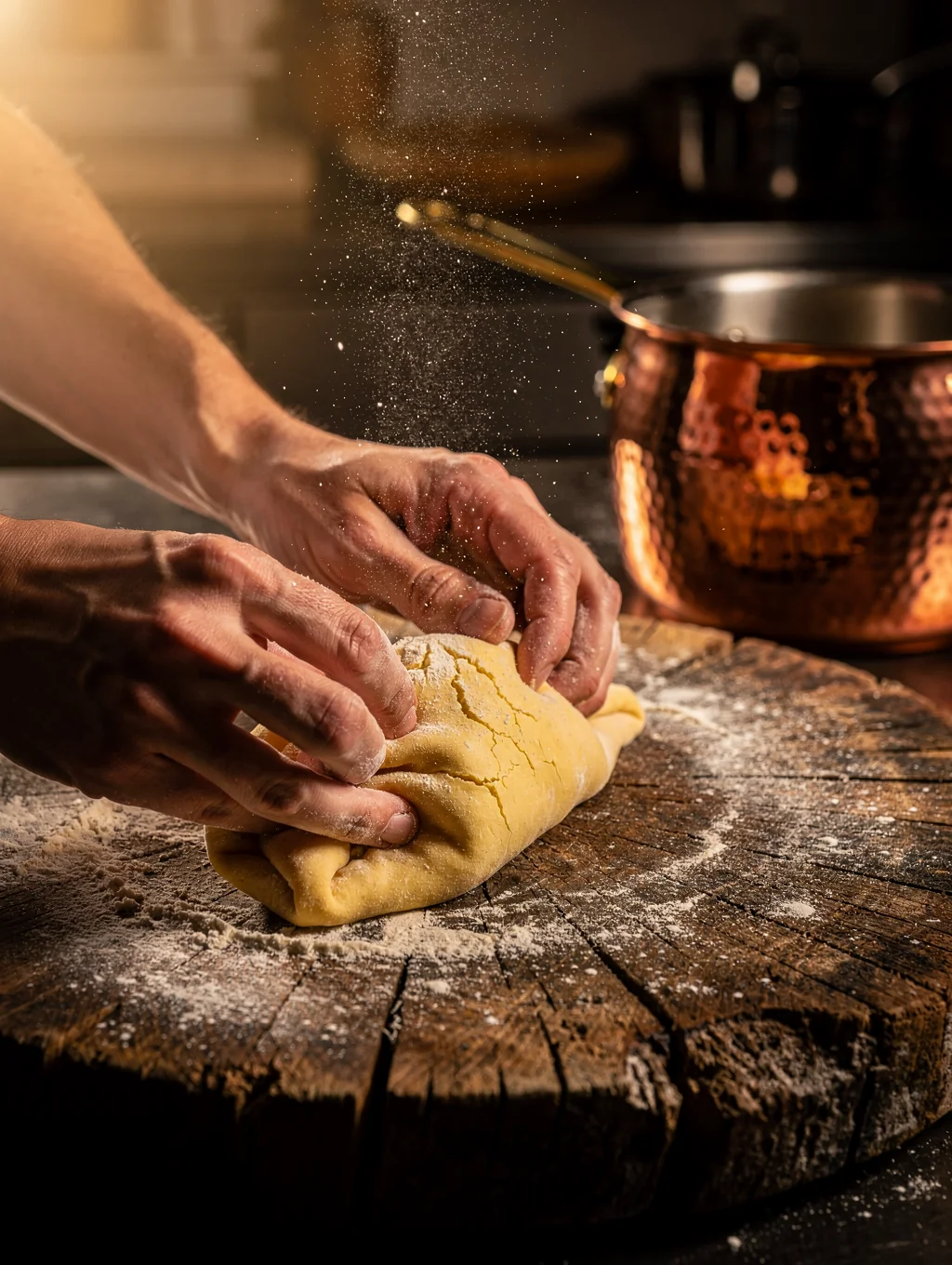 Artisan hands shaping fresh handmade pasta on a wooden flour board