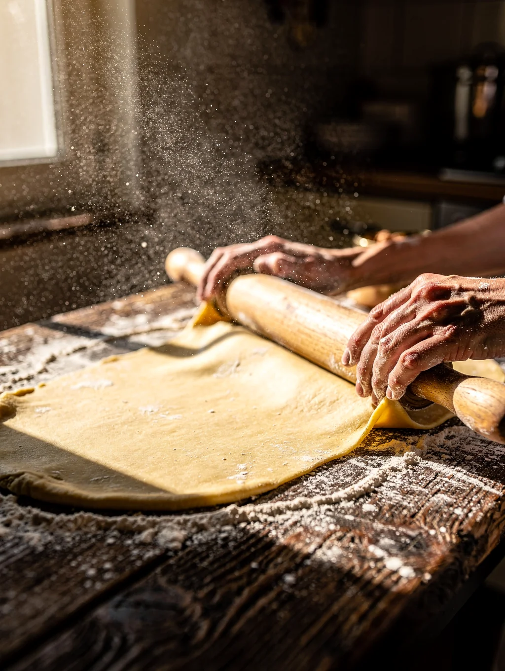 Chef hand-rolling fresh pasta on a wooden board dusted with semolina flour