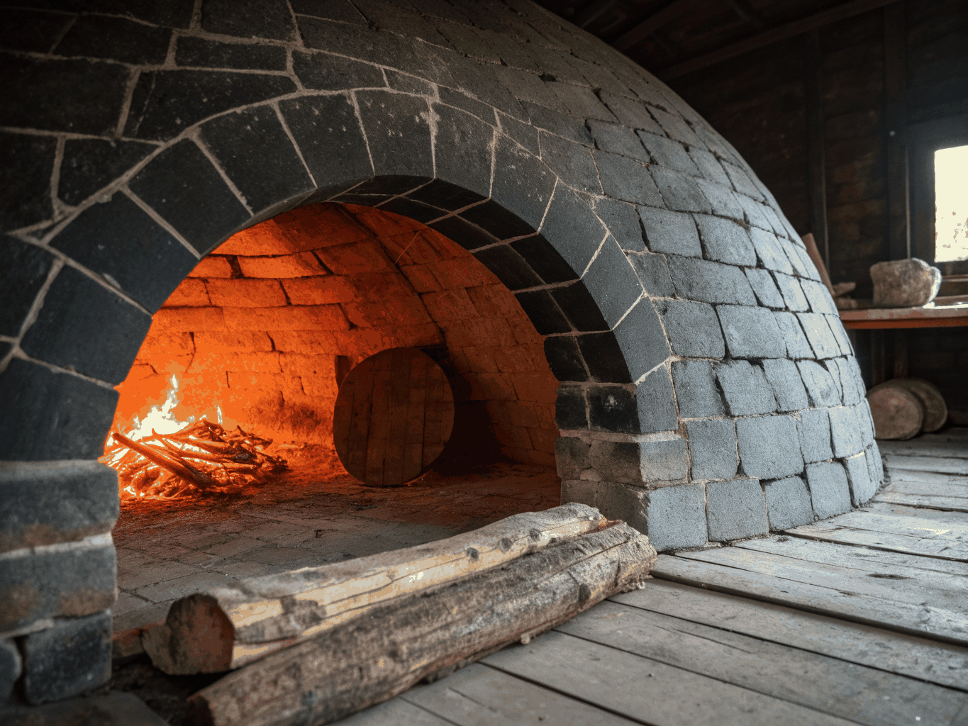 Live wood fire burning in an authentic rustic stone oven with embers glowing